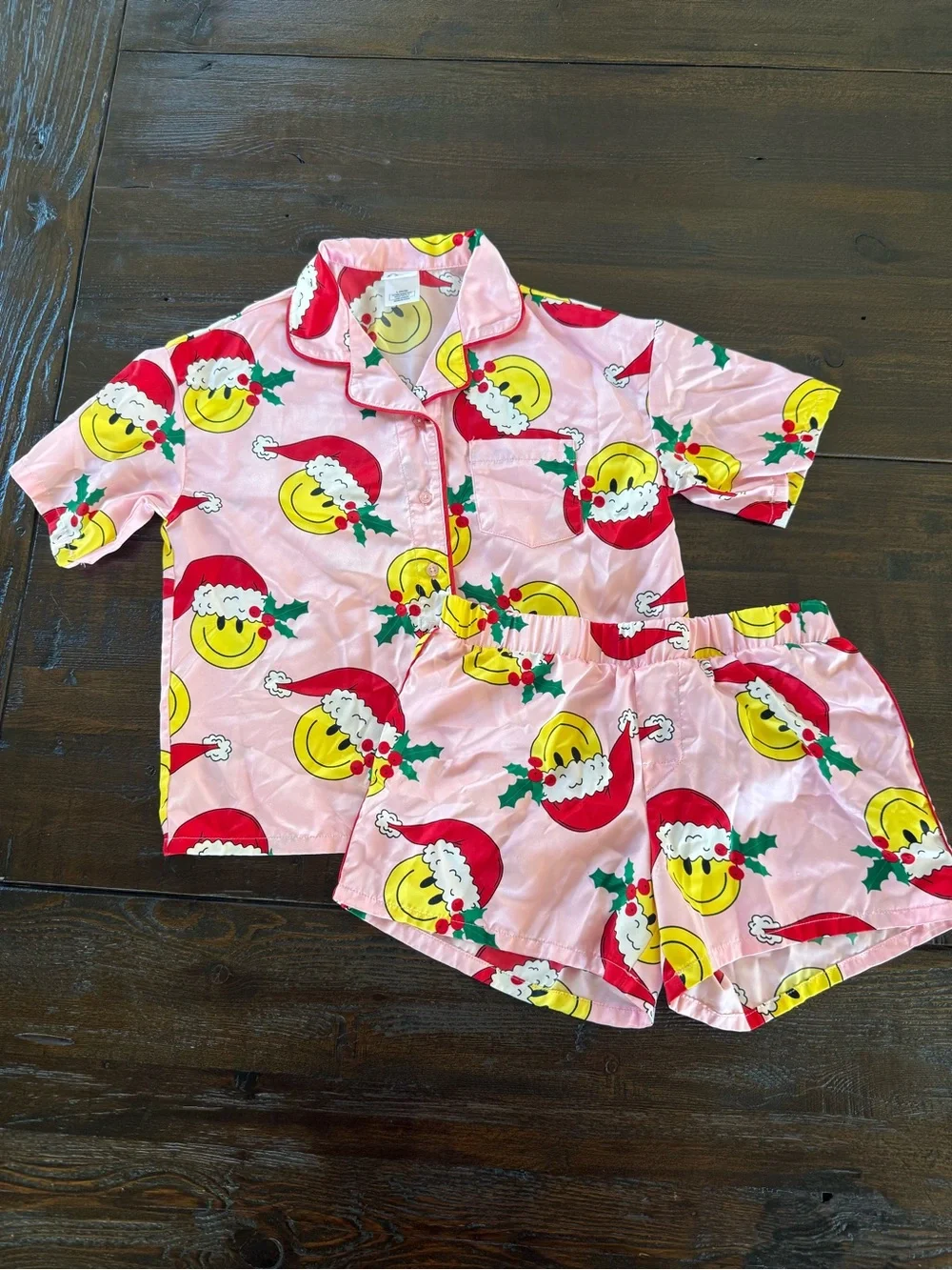 art class Pink Silky Holiday Smile Santa Face Pajama Set